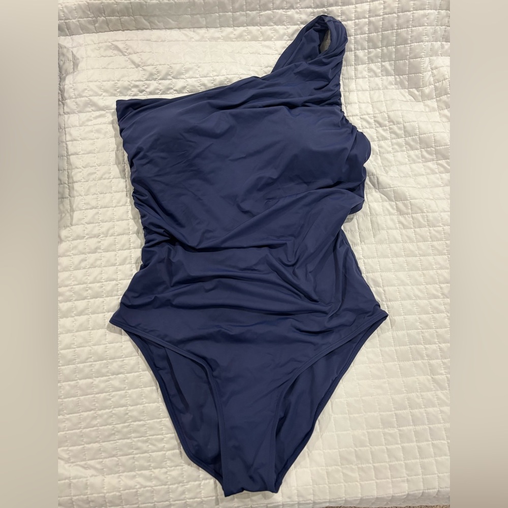 Pink Lily Navy One Shoulder Swim One Piece